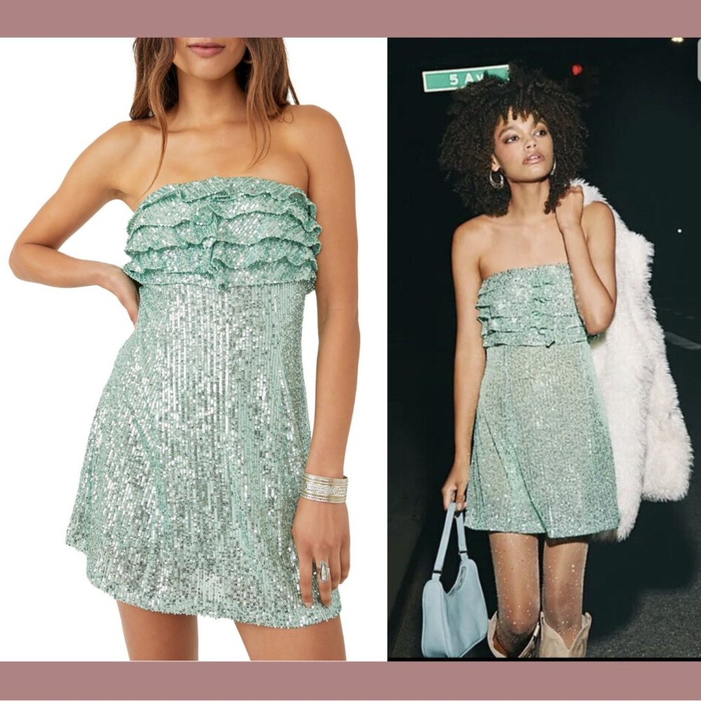 NEW $168 FREE PEOPLE [‎ 8 ] Frida Sequin Ruffle Minidress in Island Sea Green